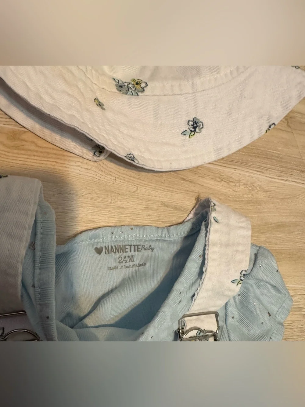 Nannette Light Blue Tee with White Floral Short Overalls and Hat